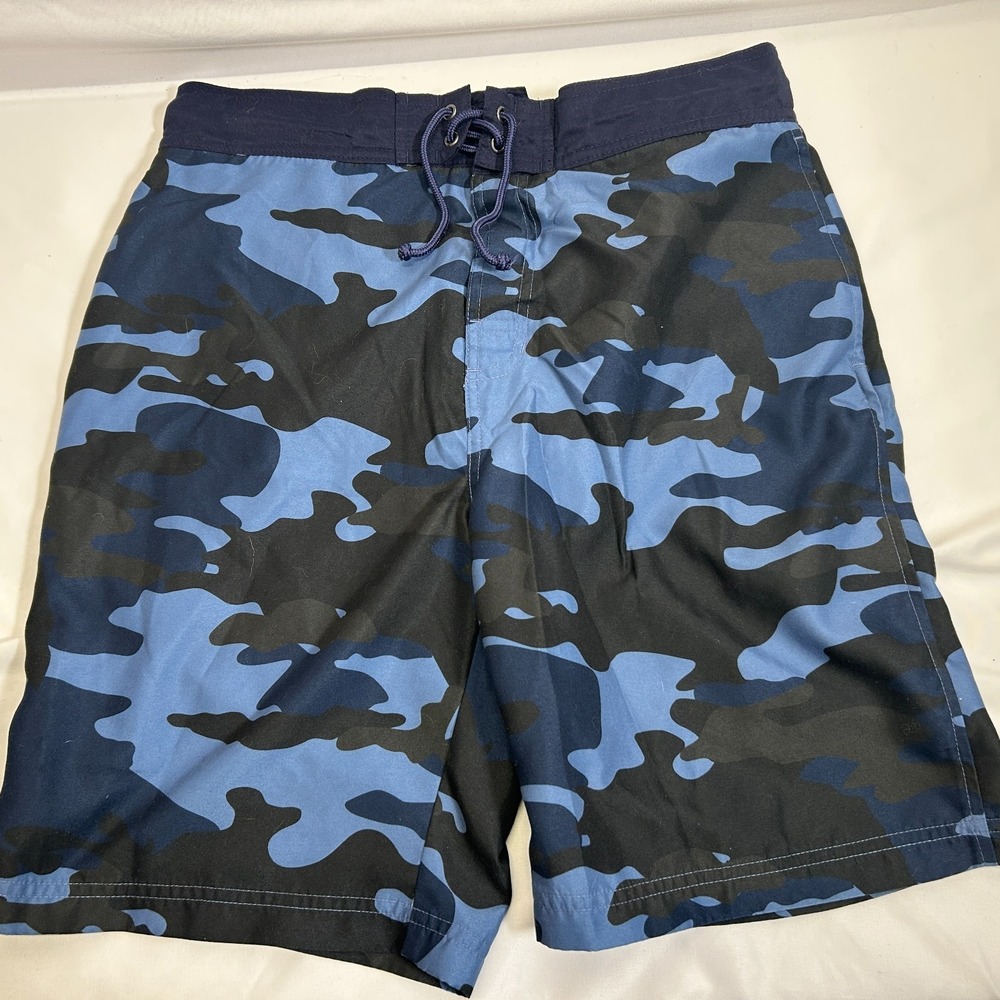 Bass Pro‎ Swim Shorts Mens M Blue Camo Drawstring Mesh Pockets Trunks Polyester